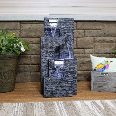 32-Inch Gray Polyresin Cascading Tower Outdoor Water Fountain with LED Lights
