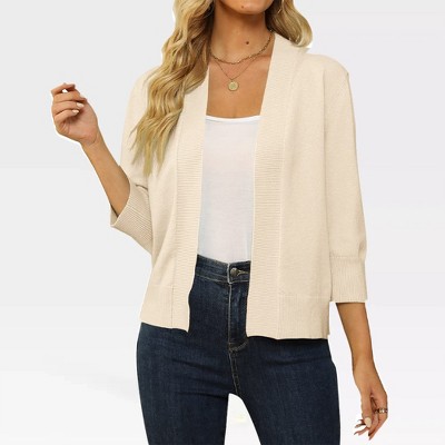Women's Lightweight 3/4 Sleeve Cropped Cardigan Sweater Open Front Short Shrugs,Apricot - M