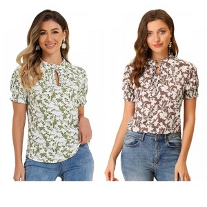 INSPIRE CHIC Women's Ruffle Tie V-Neck Casual Smocked Short Sleeve Floral Top 2 Packs - 1 of 4