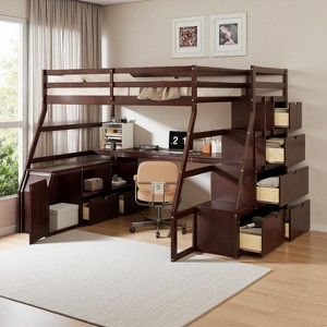 Polibi Full Size Loft Bed with Desk, 7 Drawers, Storage Staircase & Cabinet - 1 of 4