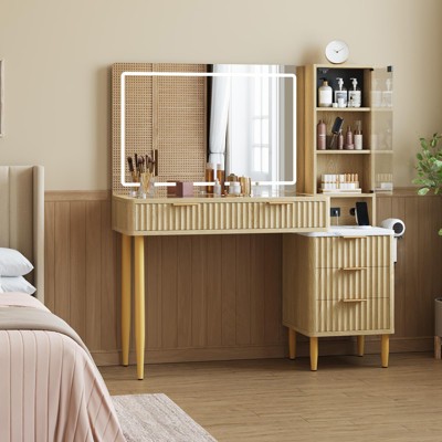 Makeup Vanity Desk with Mirror, Fluted Large Dressing Table with 4 Drawer & Open Storage Shelves, Makeup Vanity Table with Glass Tabletop for Bedroom