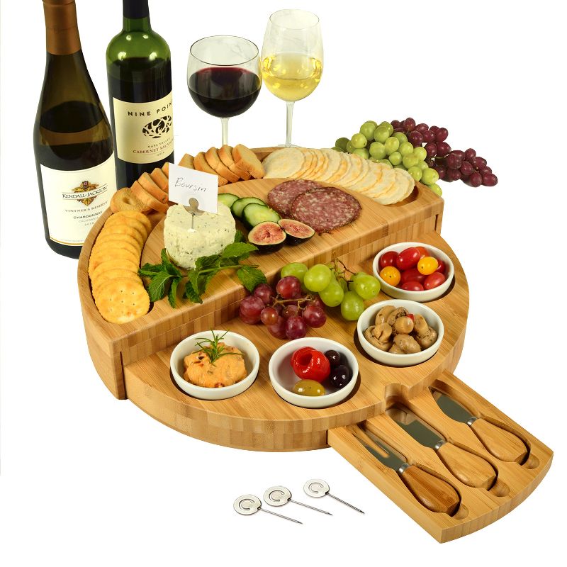 Picnic at Ascot Patented Bamboo Cheese & Charcuterie Board - Stores as a Compact Wedge- Opens to 13" Diameter, 1 of 7