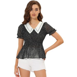 Allegra K Women's Peter Pan Collar Smocked Peplum Polka Dots Tops - 1 of 4
