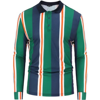 Men's Long Sleeve Casual Polo Shirt Striped Button Collar Classic Fit T Shirt Tops