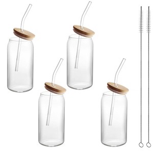 Itopfox 4-Pack Glass Cups with Bamboo Lids & Straws, 20oz Can Shaped Drinking Glasses for Cocktails, Iced Coffee, Tea, Includes Cleaning Brush - 1 of 4