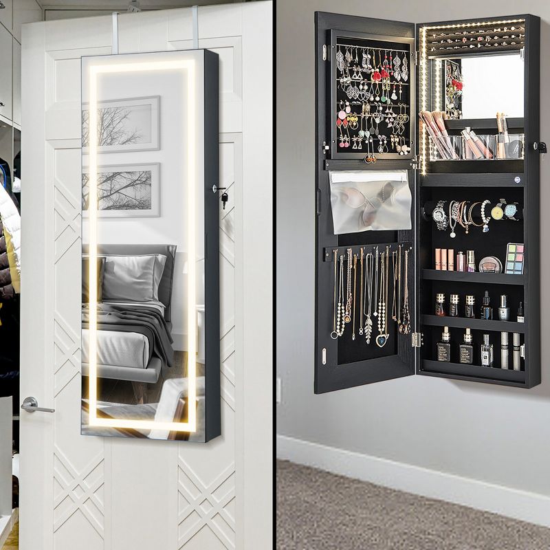 Tangkula LED Mirror Jewelry Cabinet Wall/Door Mounted Organizer Armoire w/ 3 Color Light, 3 of 10