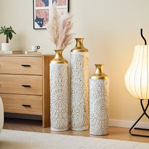 JANSNO Large Modern Floor Metal Vases Set of 3 with White Glazed Embossed Finish for Home Decor - 1 of 4