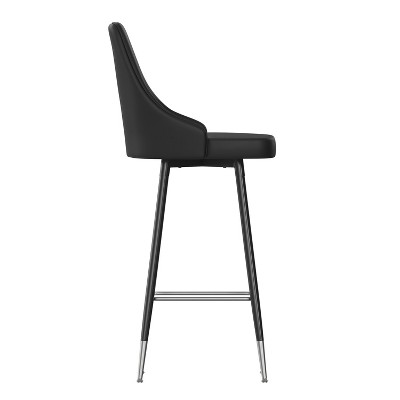 Black Faux Leather Bar Height Stools with Chrome Accents, Set of Two
