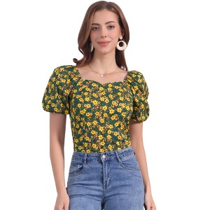 Allegra K Women's Puff Sleeve Square Neck Peasant Floral Blouse - 1 of 4