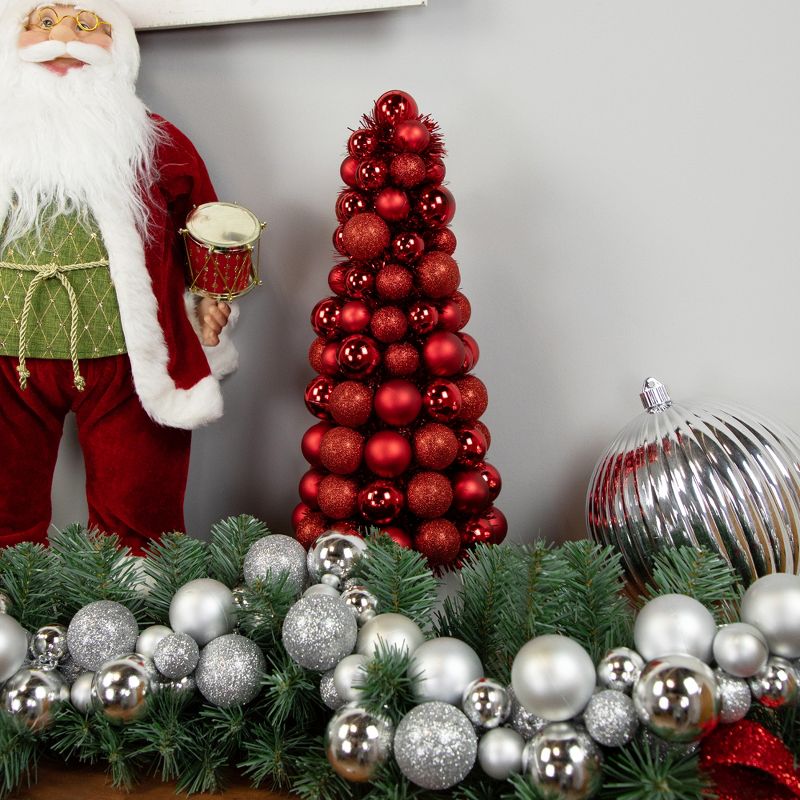 Northlight 15.75" Red 3-Finish Shatterproof Ball Christmas Tree with Tinsel, 2 of 6