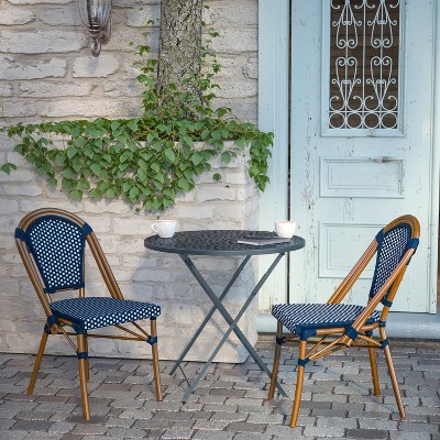 Navy and White Rattan Bistro Chairs with Bamboo Frame, Set of 2