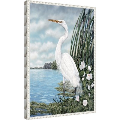 Great White Egret Coastal Scene Beaded Framed Canvas Art