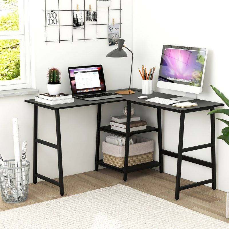 Costway L Shaped Corner Computer Desk Study Table w/Storage Shelves Black/Rustic Brown, 2 of 14