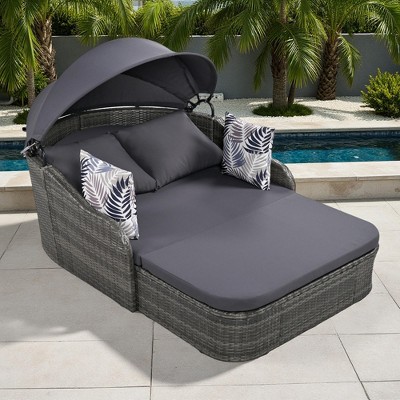79.9" Outdoor Patio PE Rattan Daybed Sunbed with Adjustable Canopy
