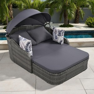79.9" Outdoor Patio PE Rattan Daybed Sunbed with Adjustable Canopy - 1 of 4