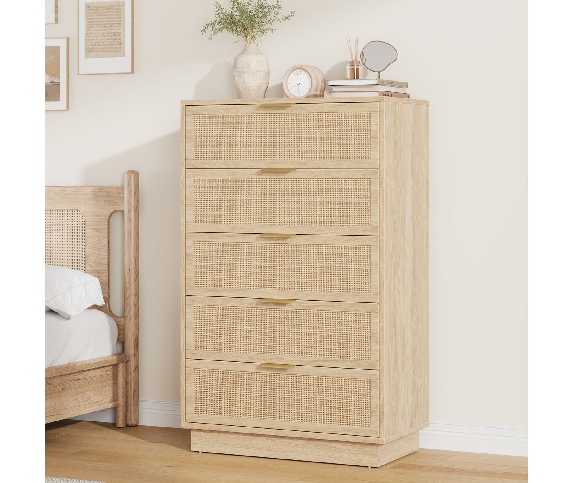 Rattan 5 Drawer Dresser, 46.7in Tall Natural Oak 5 Chest of Drawers with Metal Handles and Wooden Sturdy Base for Bedroom Living Room Nursery