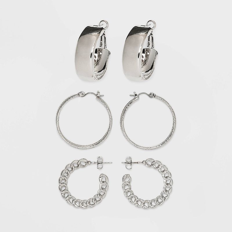 Frozen Chain and Chunky Hoop Earring Set 3pc - Wild Fable&#8482; Silver, 1 of 5