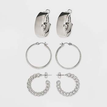 Frozen Chain and Chunky Hoop Earring Set 3pc - Wild Fable™ Silver
