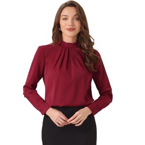 Allegra K Women's Business Casual Stand Collar Chiffon Long Sleeve Blouse - 1 of 4