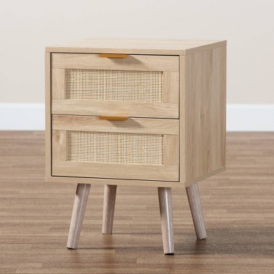 Light Oak Brown 16" Wood and Rattan Nightstand with Gold-Tone Handles