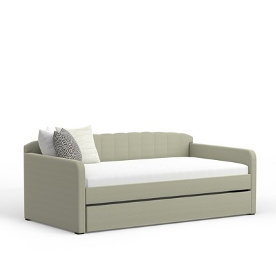Scalloped Beige Upholstered Twin Daybed with Trundle