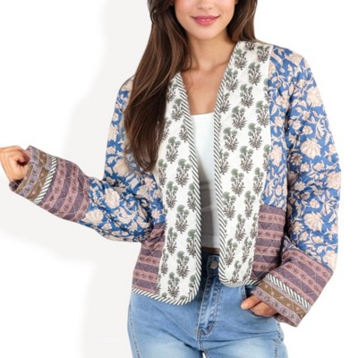 Anna-Kaci Women's Mixed Print Open Front Jacket with Contrast Trim and Relaxed Fit