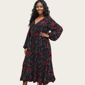 Anna-Kaci Women's Long Sleeve Floral Polka Dot Midi Dress with V-Neckline Elastic Waist and Ruffle Hem - 1 of 4