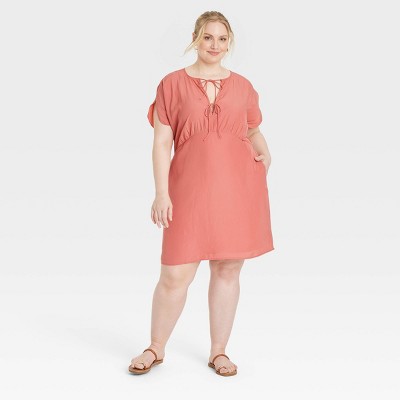 Women's Tie-Front Flutter Short Sleeve Mini A-Line Dress - Universal Thread™ Pink XXL