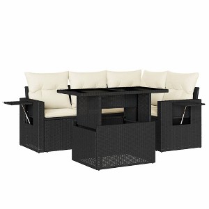 vidaXL 5 Piece Patio Sofa Set with Cushions Black and Cream Poly Rattan - Without Storage - 1 of 4