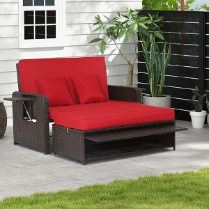 Costway Patio Rattan Loveseat Set Daybed Lounge Storage Ottoman Side Tables Adjust Turquoise/Black/Gray/Red/Navy/Beige - 1 of 4