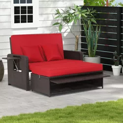 Costway Patio Rattan Loveseat Set Daybed Lounge Storage Ottoman Side Tables Adjust Red