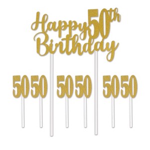 Beistle Happy  50th  Birthday Cake Topper, 6" x 8.25", (2/Pkg) Gold - 1 of 2
