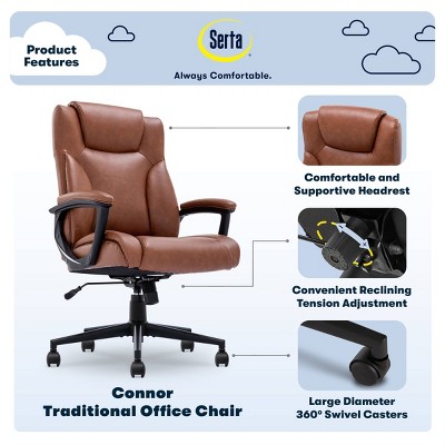 Cognac Bonded Leather Executive Swivel Chair with High Back and Fixed Arms