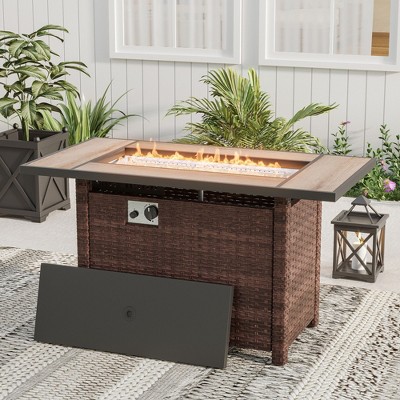 Sonkuki 45 in 50,000 BTU Outdoor Wicker Patio Gas Fire Pit Table w/Tempered Glass Tabletop, Clear Glass Rocks, and Lid