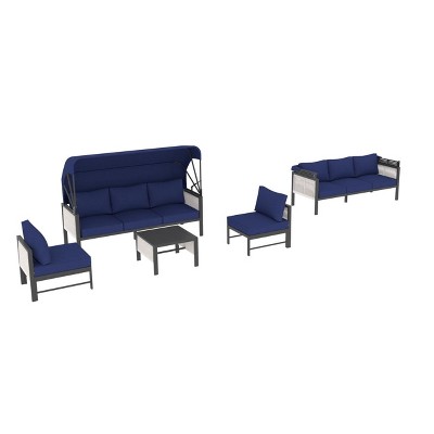 Cesicia 4-Piece Gray Patio Sofa Set With Canopy, Side Table, And Cushions for Backyard, Porch, Poolside