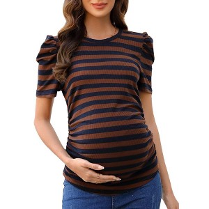 Maternity Shirts Women's Casual Floral Print Tops Pregnancy Puff Short Sleeve Striped Ruched Side Tunic Top - 1 of 4