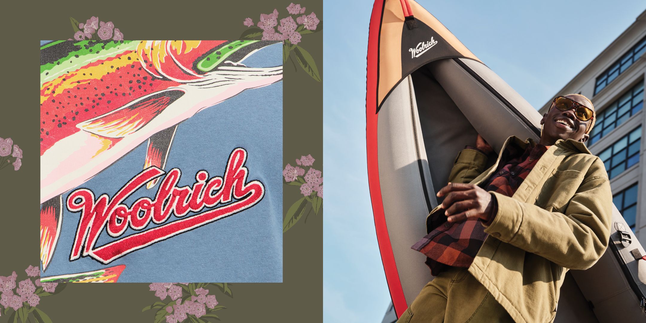 Man in blue rainbow trout graphic tee and aqua cargo shorts. Man carrying Woolrich kayak wearing a buffalo check flannel shirt styled with a olive twill shacket, olive workwear pants and tortoise aviator sunglasses.