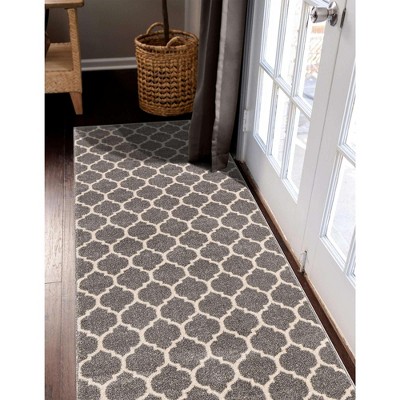 Dark Gray and Beige Trellis Pattern Washable Runner Rug