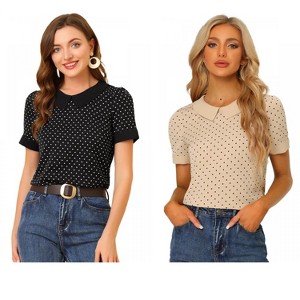 Allegra K Women's Peter Pan Collar Keyhole Back Vintage Polka Dots Blouses 2 Packs - 1 of 4