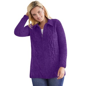 Woman Within Plus Size Chenille Zip Cable Cardigan - 1 of 4