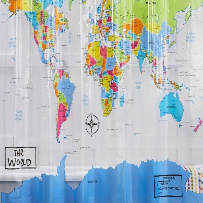 Colorful World Map PEVA Shower Curtain with Graphic Detail