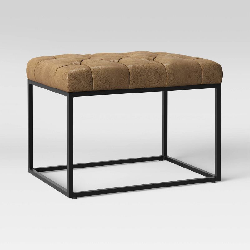 Trubeck Tufted Metal Base Ottoman Faux Leather Brown - Threshold&#8482;, 3 of 6