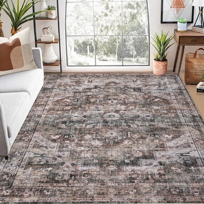 Vintage Area Rug – Washable Low-Pile Carpet, Non-Slip Soft Floor Rug for Living Room, Bedroom & Dining Room