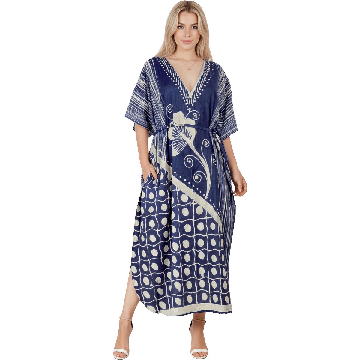 LA LEELA Summer Cotton Vacation Resort Caftan Dress for Women Cruise Holiday Loungewear Beach Travel Outfit 2X-3X Blue Floral