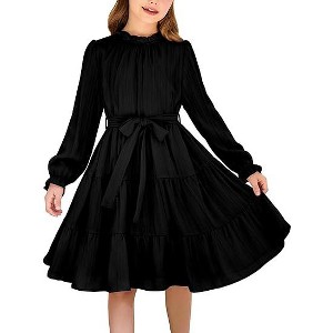 Arshiner Girls Long Sleeve Dress Tween Fall Formal Party Holiday Midi Tiered Flowy Swing Dresses with Belt - 1 of 4