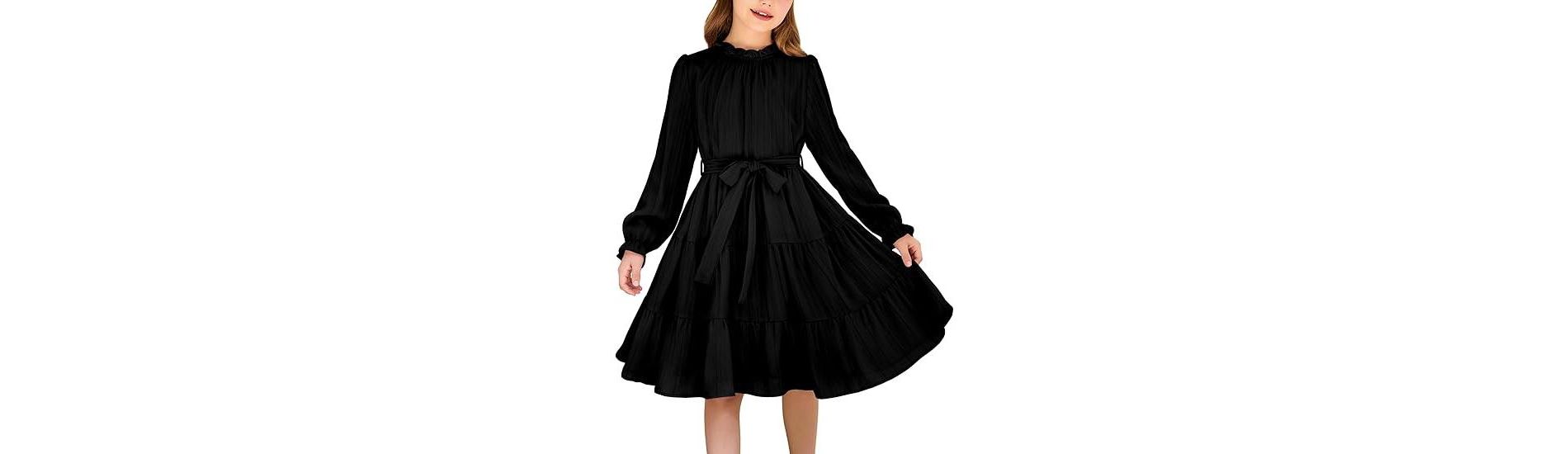 Arshiner Girls Long Sleeve Dress Tween Fall Formal Party Holiday Midi Tiered Flowy Swing Dresses with Belt
