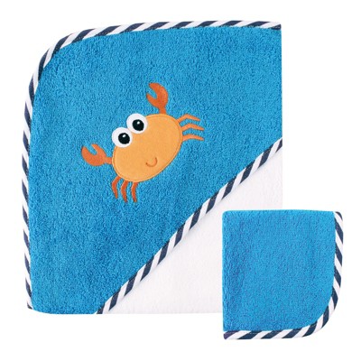 Luvable Friends Baby Boy Cotton Hooded Towel and Washcloth, Crab, One Size