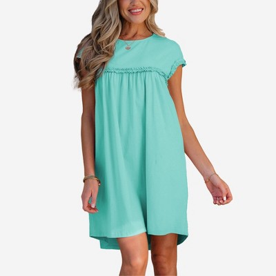 Amaryllis Women’s Ruffle Sleeve V Neck Mini Dress Tiered Hem Pink Green Leaf Print Relaxed Fit Lightweight