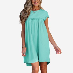 Amaryllis Women’s Ruffle Sleeve V Neck Mini Dress Tiered Hem Pink Green Leaf Print Relaxed Fit Lightweight - 1 of 4