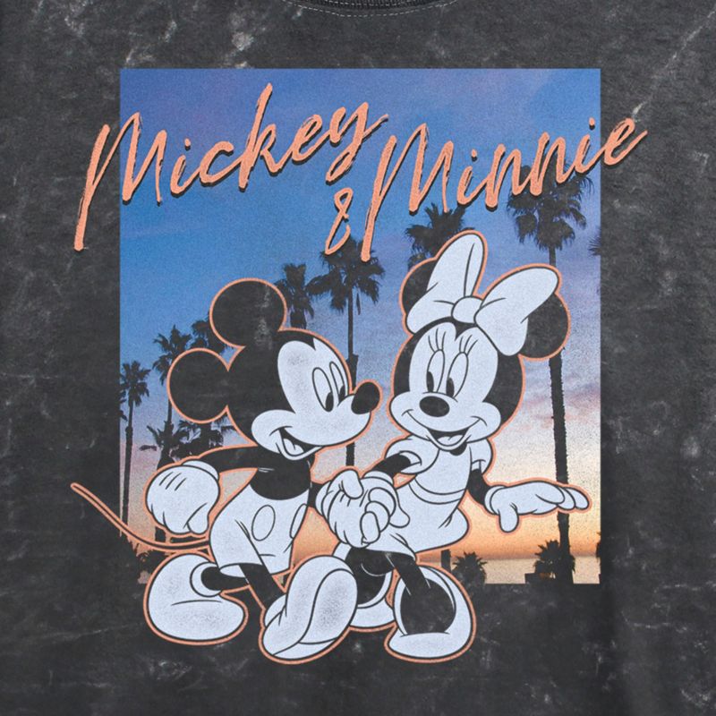 Juniors Womens Mickey & Friends Sunset Palm Trees Mickey and Minnie Mineral Wash Crop T-Shirt, 2 of 5